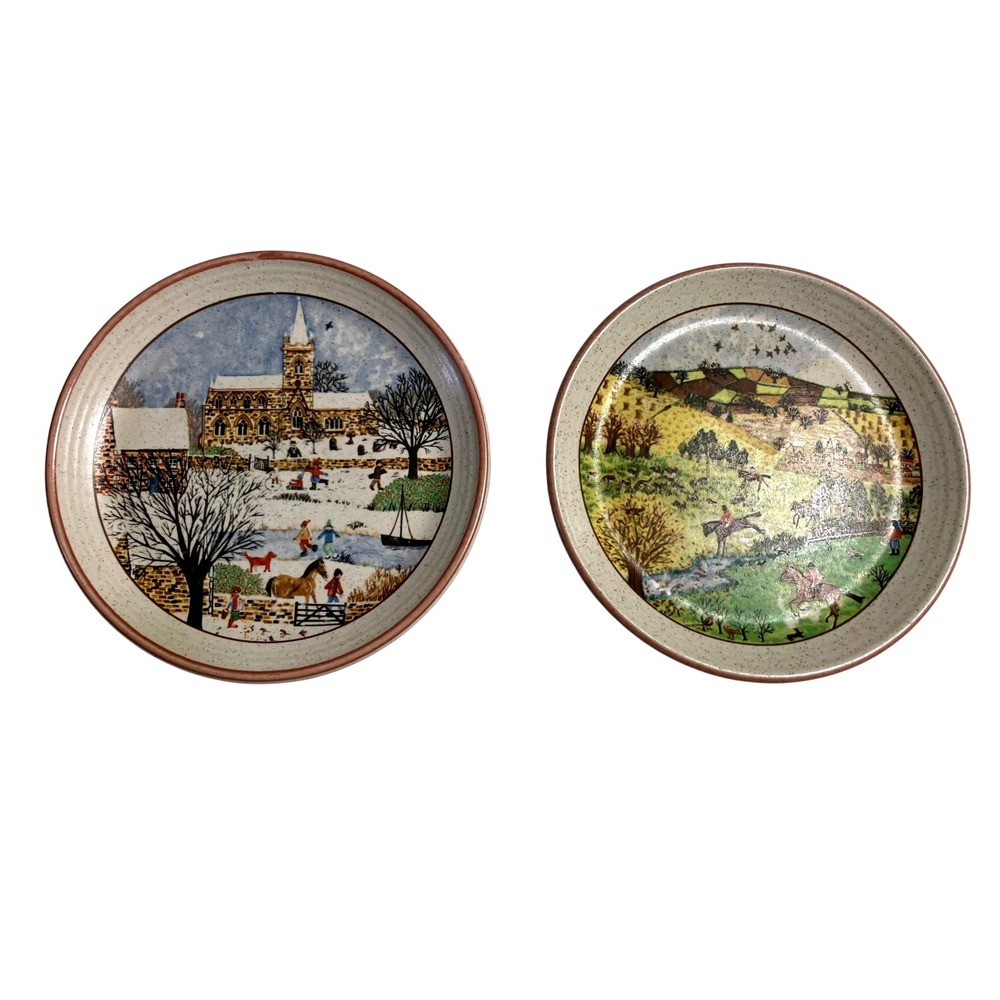 Purbeck Pottery Plates Set 2 6.5in Cream English Village Fox Hunt‎